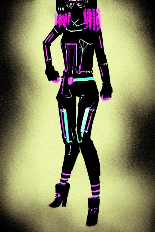 Image similar to full body portrait of punk girl clothing inspired by bladerunner and tron legacy, plain background, ultrafine detail, digital concept art, masterpiece!!!