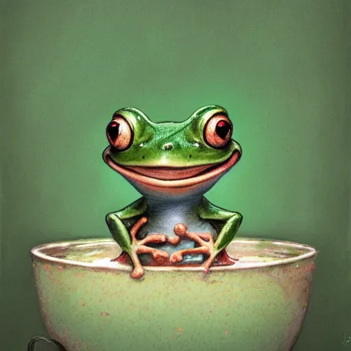 Image similar to playful long shot of a very happy cute frog baby sitting in a searose cup, by esao andrews, by m. w. kaluta, very humorous illustration, small depth of field, perspective perception, volumetric light, warm cosy colors, night scenery, low light, unreal engine 5, 8 k, conceptart, hyperdetailed, hyperrealistic, trending on artstation