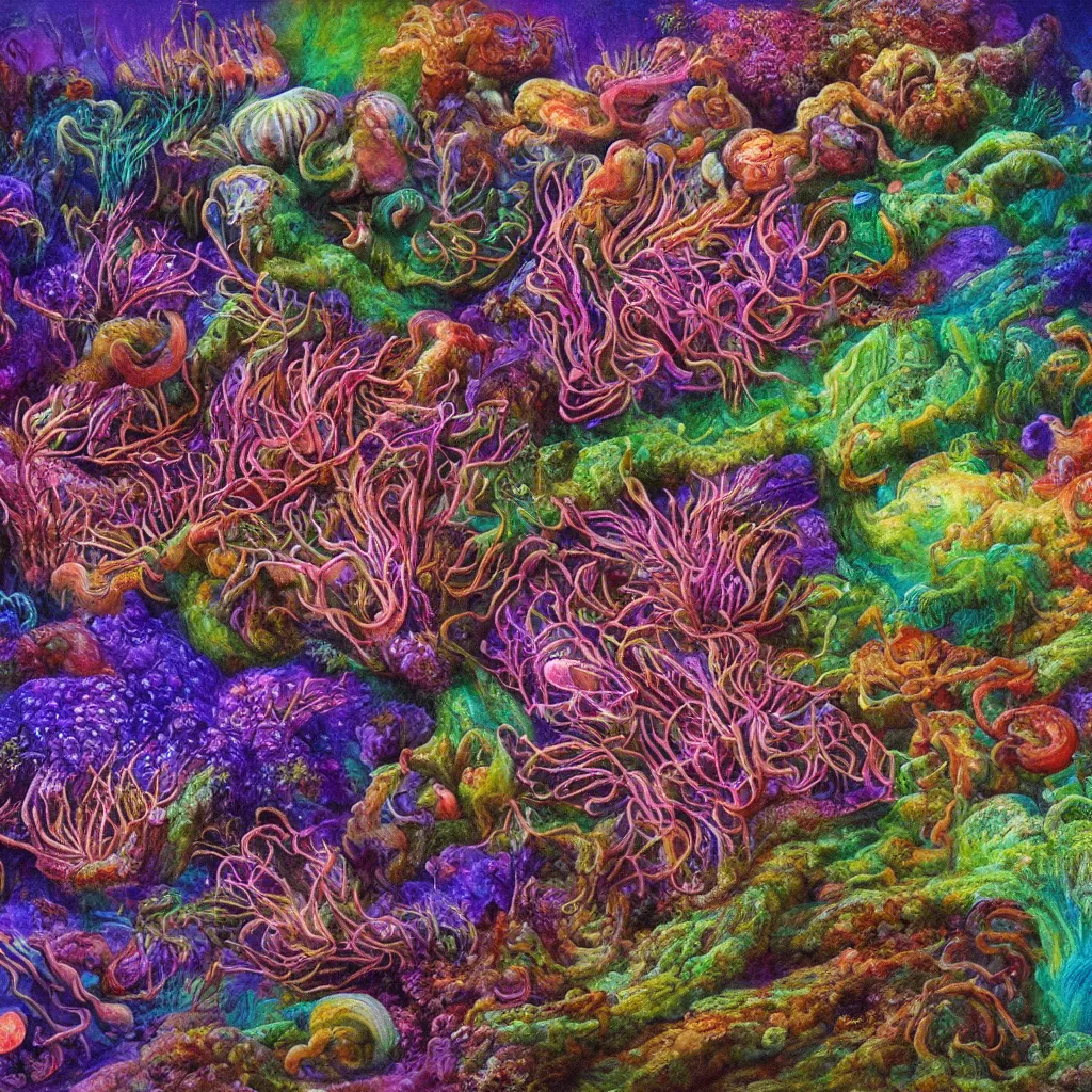 Prompt: fungus micro organisms sea cucumbers, anemone jelly , colorful, detailed , corals , vivid , smooth, Phosphorescent glow neon ,matte painting , concept, crisp, 8K HD by Ernst Fuchs , Ernst Haeckel, bright|, shiny ,trending on art station