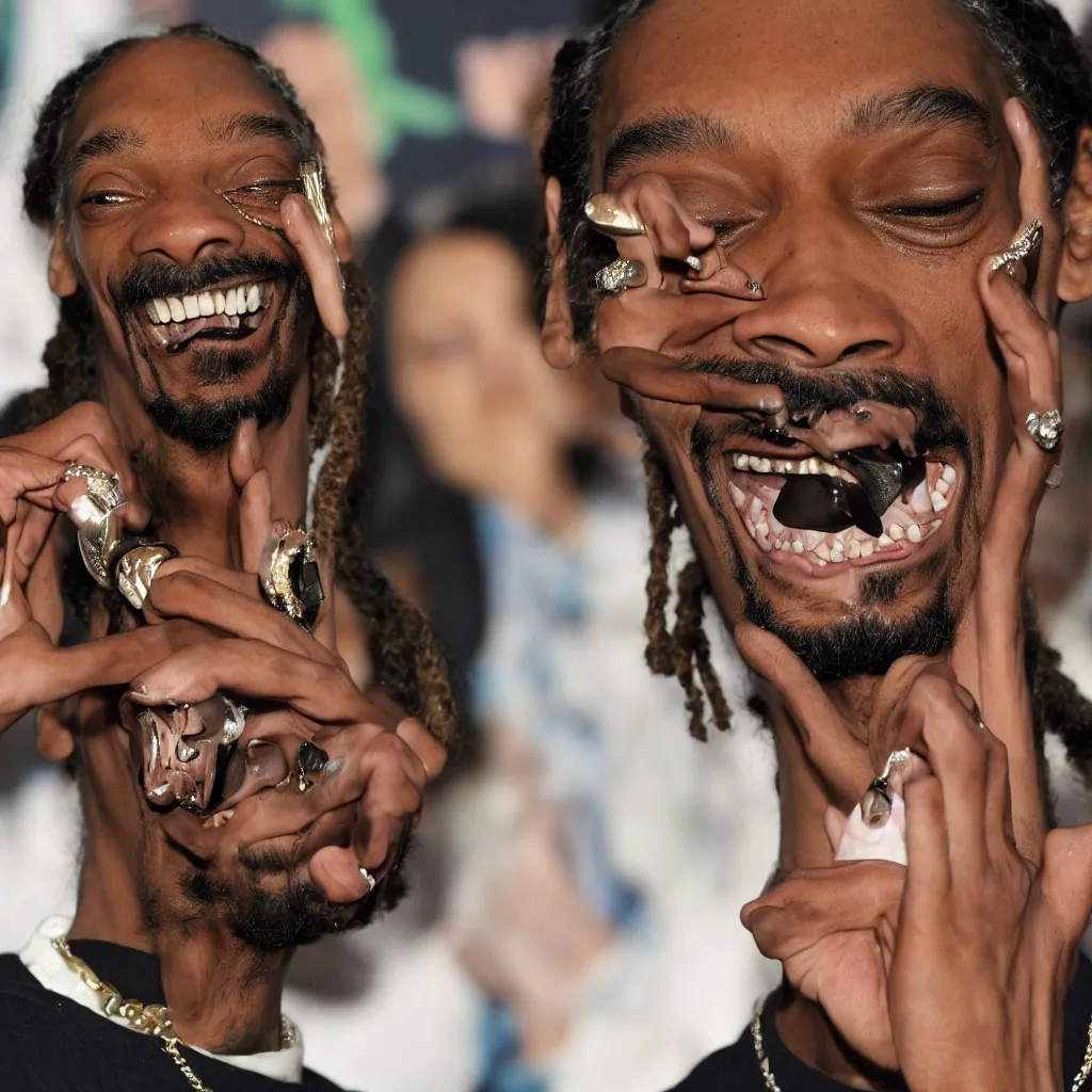 Prompt: a photo of Snoop Dogg laughing hysterically, eyes wide open