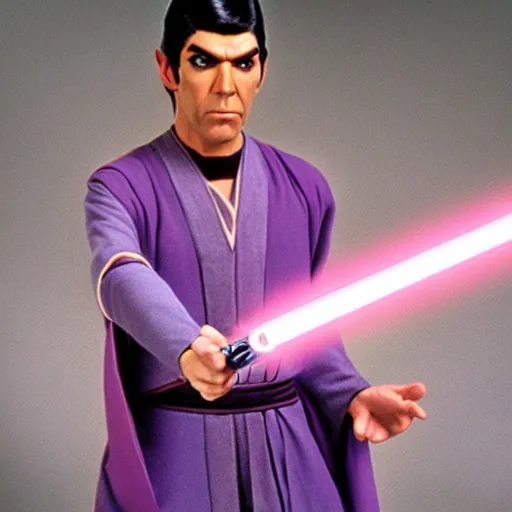 Prompt: Jedi Spock wielding a purple lightsaber