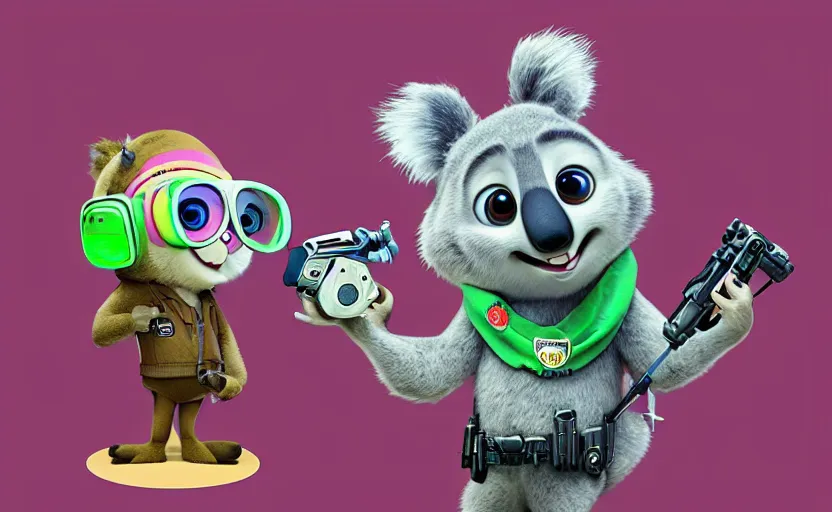 Image similar to “ cute koala with very big eyes, wearing a bandana and chain, holding a laser gun, standing on a desk, digital art, award winning, in the style of the movie zootopia ”