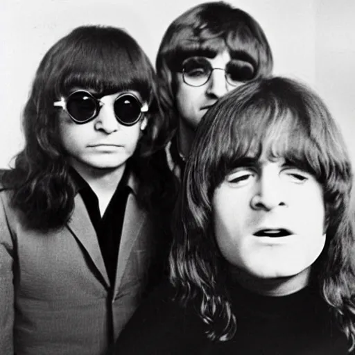 Image similar to Ozzy Osbourne in the Beatles, young Ozzy next to John Lennon and Ringo Star, 1967