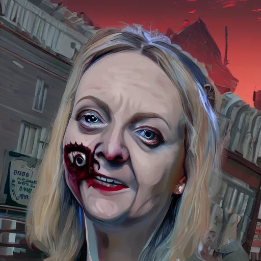 Image similar to painting of liz truss in racoon city full of zombies, hd, 4 k, 8 k artstation,