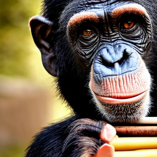 Image similar to a high detail shot of a chimp wearing a suit and smoking