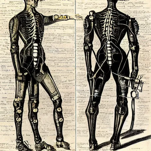 Image similar to drawing in a science book from 1900 of a cyborg, symmetrical