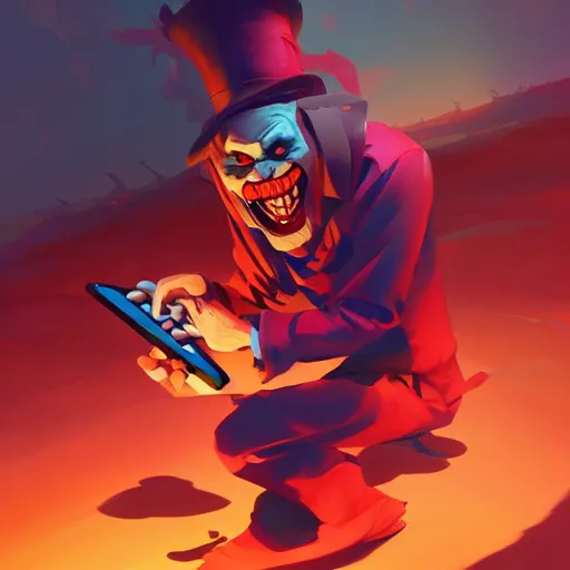 Prompt: Dark Evil clown emerging of a drawing tablet design Video game icon, 2d game artbehance hd by Jesper Ejsing, by RHADS, Makoto Shinkai and Lois van baarle, ilya kuvshinov, rossdraws global illumination