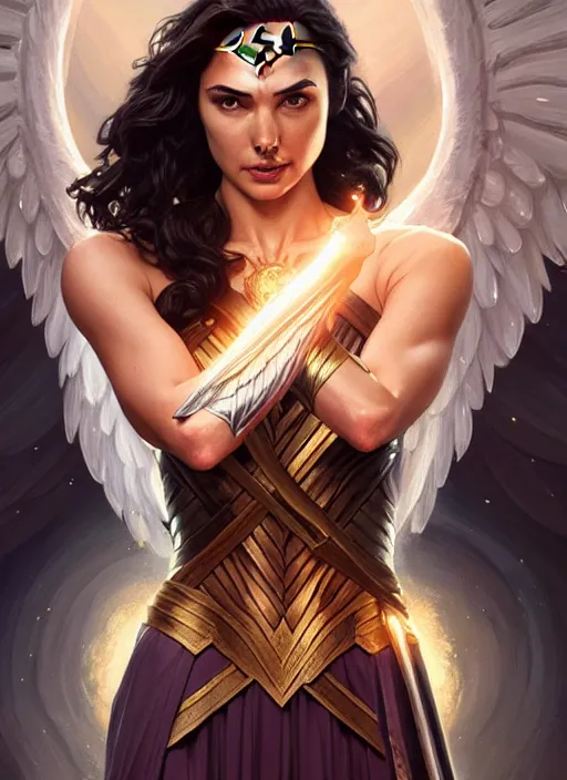 Image similar to gal gadot as an angel, deep focus, d & d, fantasy, intricate, elegant, highly detailed, digital painting, artstation, concept art, matte, sharp focus, illustration, hearthstone, art by artgerm and greg rutkowski and alphonse mucha