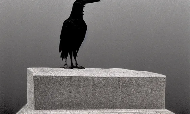 Prompt: raven standing on tombstone, midnight colors, photograph taken by giger and beksinski and death fog and decaying megacity