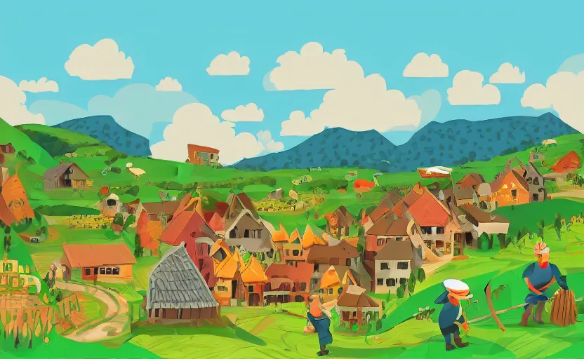 Image similar to some villagers busy farming in a small village in a valley, a dragon approaching from a distance, vector, storybook, complimentary colors, gouache, flat, sharp edges, concept art, print