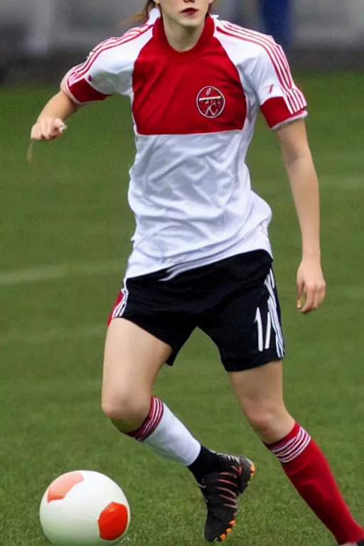 Image similar to emma watson as lokomotiv football player, hyper realistic, highly detailed