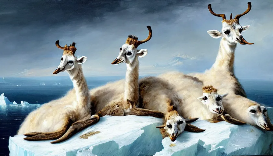 Prompt: highly detailed painting of cute furry white baby seal giraffes with big furry antlers cuddling into each other on a blue and white iceberg by william turner, by greg rutkowski, by william constable, thick brush strokes and visible paint layers, 4 k resolution