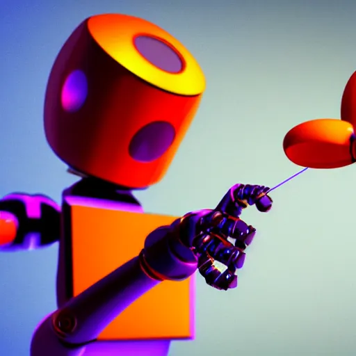 Prompt: a photorealistic 3 d render made in blender of a colourful friendly robot being poked in the eye by a man with a stick. background is a purple gradient