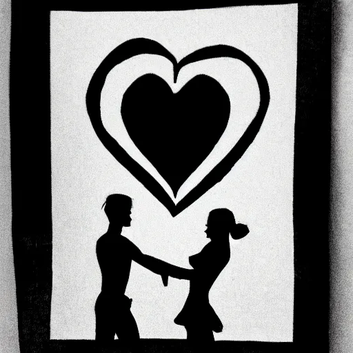 Prompt: clean black and white print on white paper, high contrast, logo of stylized dancer silhouette forming a symmetric heart