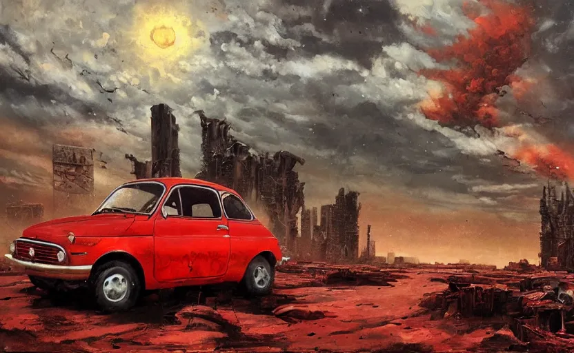 Prompt: red fiat in a post - apocalyptic landscape, dramatic sci - fi painting, highly detailed, dystopian, low angle view, by alex schomburg, by paul lehr