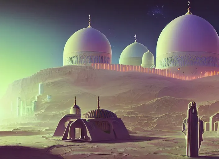 Prompt: a luminescent cyberpunk mosque in arabia by paolo eleuteri serpieri and tomer hanuka and chesley bonestell and daniel merriam and tomokazu matsuyama, unreal engine, high resolution render, featured on artstation, octane, 8 k, highly intricate details, vivid colors, vector illustration