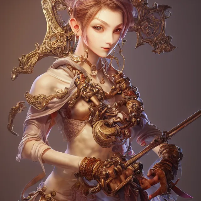 Image similar to studio portrait of neutral good colorful female cleric bard healer as absurdly beautiful, elegant, young skinny gravure idol, ultrafine hyperdetailed face illustration by kim jung gi, irakli nadar, intricate linework, sharp focus, bright colors, octopath traveler, final fantasy, unreal engine highly rendered, global illumination, radiant light, detailed and intricate environment