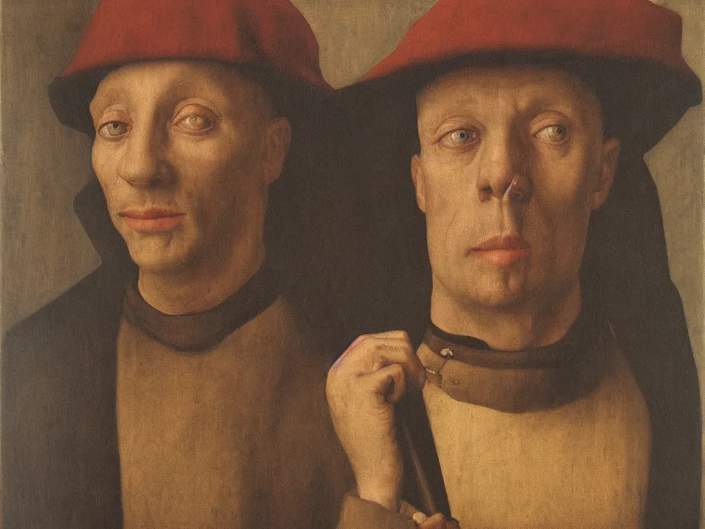 Prompt: portrait of a small time paranoid thief. Painting by Jan van Eyck, August Sander.