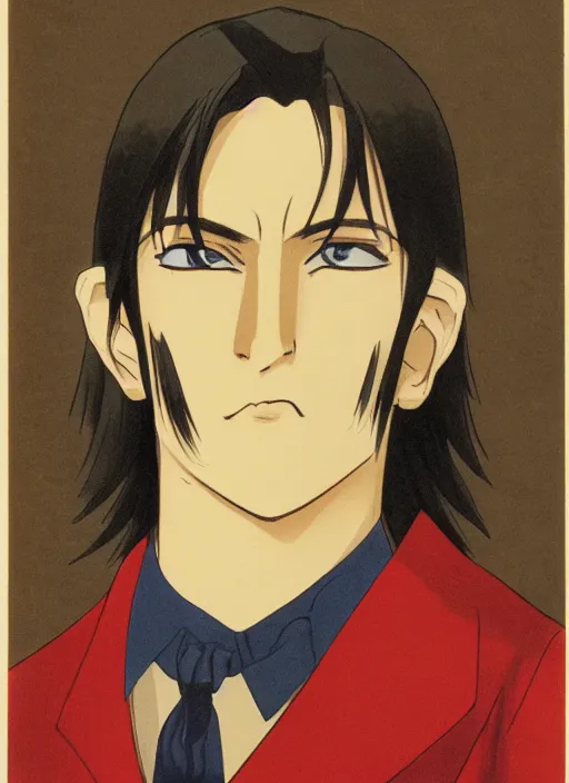 Prompt: portrait by studio gainax, handsome male vampire, focus on face, long black hair, dark blue shirt, light brown coat, red - eyes,