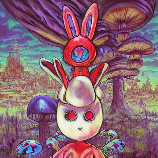 Image similar to 4 k headshot portrait of a psychedelic demonic anthropomorphic bunny rabbit with mushroom themed clothes, magic mushroom village in background by jeff easley, award winning, stylized neon, post - processing, masterpiece, superb resolution. in the art style of junji ito and greg rutkowski. detailed mushroom city in background. hyper realistic anime. perfect art. dalle 2