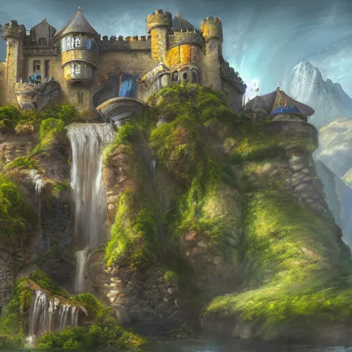 Image similar to a painting of a castle with a waterfall in front of it, a detailed matte painting by tyler edlin, featured on cgsociety, arts and crafts movement, artstation hq, unreal engine 5, unreal engine