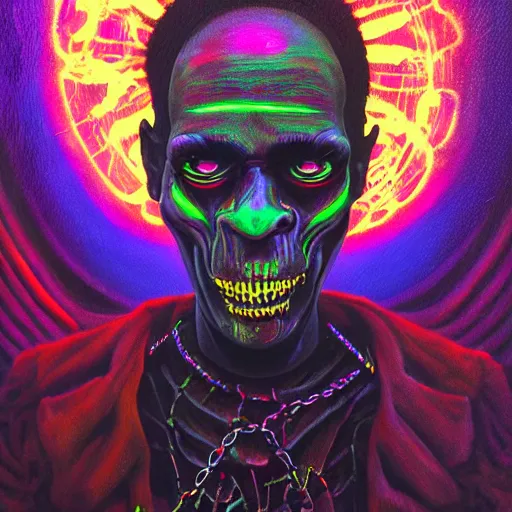 Image similar to a death tarot featuring a haitian voodoo priest with menacing eyes, blacklight neon colors, by anton semenov and android jones in cyberpunk voodoo style, oil on canvas, 8k