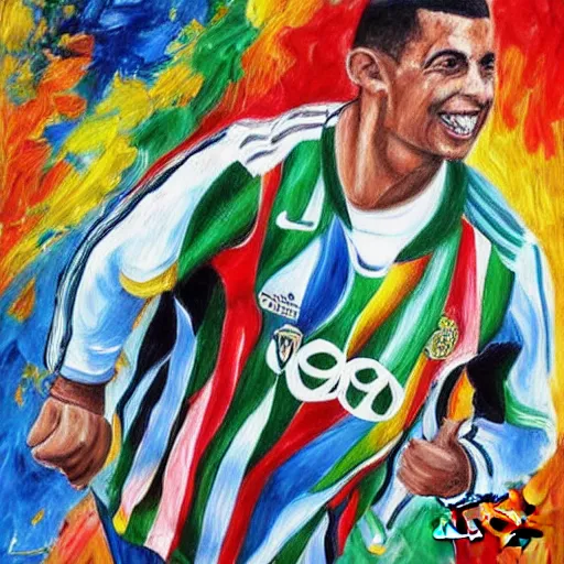 Image similar to a very detailed painting of luis nazario de lima ronaldo dance samba,