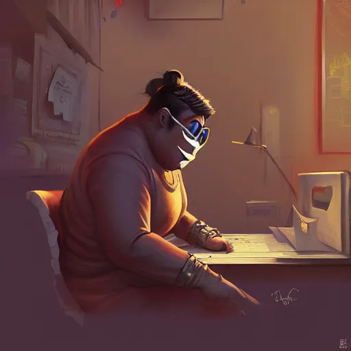 Prompt: an insanely detailed painting of a chubby and nerdy asian man wearing a homemade superhero costume and mask, sitting at a computer desk typing on the keyboard, in the style of peter mohrbacher, dramatic lighting and composition, trending on artstation, concept art, comic book, graphic novel, back view