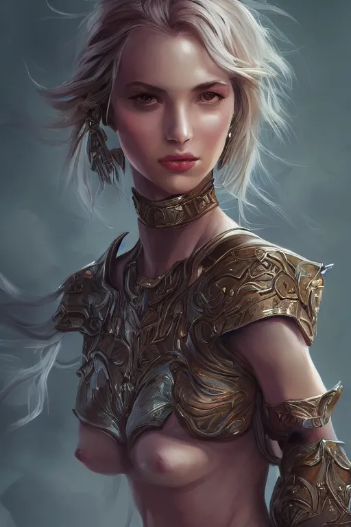 Image similar to three-quarters portrait pose of a beautiful woman, slim body, shining armor, human warrior, fantasy, intricate, elegant, highly detailed, digital painting, artstation, concept art, matte, sharp focus,D&D, illustration, art by Stanley Lau