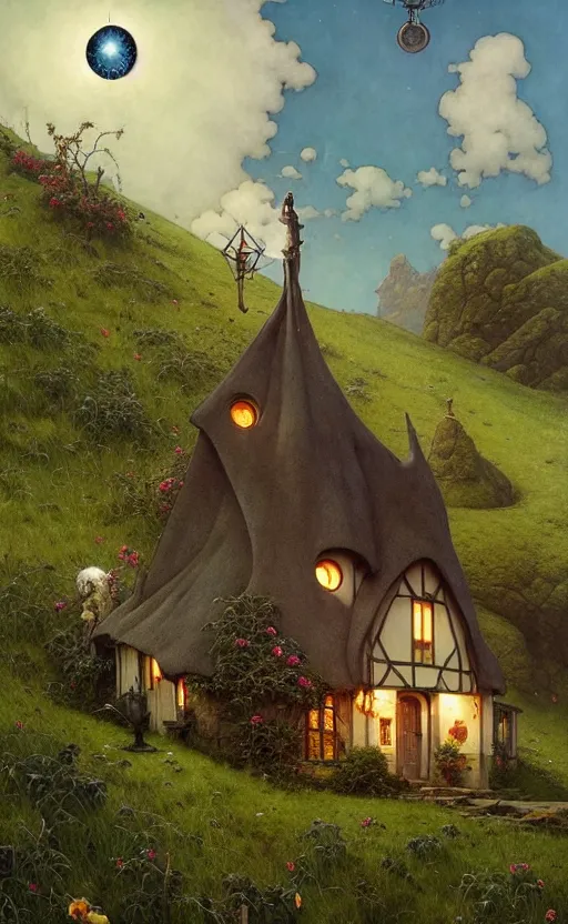 Image similar to a hyper realistic witchy cottage with solar panels on a tall hill, mountains, atmospheric lighting, lush foliage, painting by chiara bautista and tom bagshaw, mucha, beksinski and norman rockwell and greg rutkowski weta studio, and lucasfilm