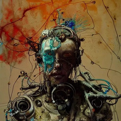 Image similar to the last wanderer of earth, post - apocalyptic wasteland, wires cybernetic implants, in the style of adrian ghenie, esao andrews, jenny saville, surrealism, dark art by james jean, takato yamamoto