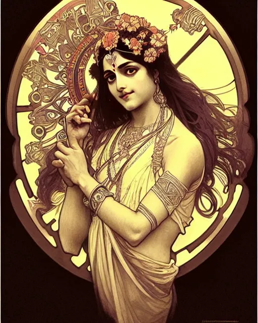 Image similar to amazing lifelike award winning pencil illustration of Krishna in style of Alphonse Mucha, trending on art station artgerm Greg rutkowski alphonse mucha cinematic, epic Lighting