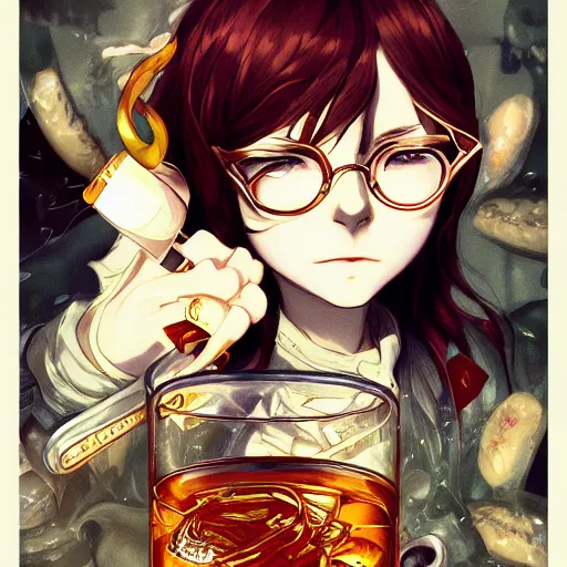 Prompt: food fantasy whiskey, female, concept art, highly detailed, makoto shinkai, glasses, kilian eng, ayami kojima, digital art