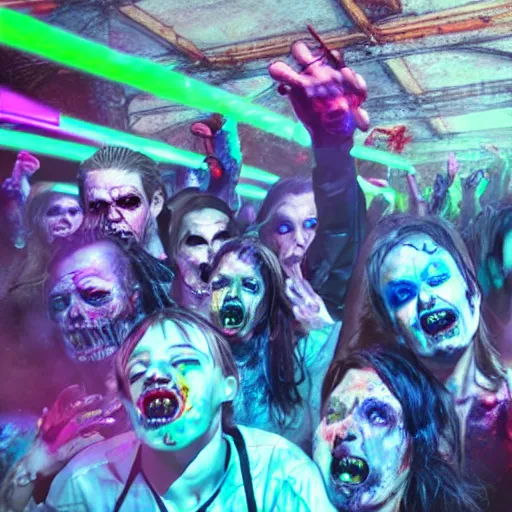 Prompt: zombies at a rave, highly detailed photorealistic