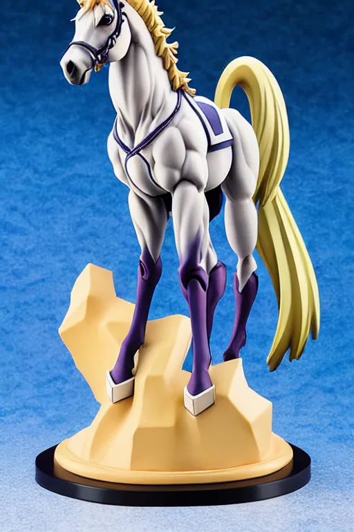 Image similar to still high quality figurine of horse jojo, tsurime eyes, tareme eyes, personification, dynamic pose, detailed product photo, featured on amiami, tone mapped, beautiful composition, 8 5 mm, f. 1 4