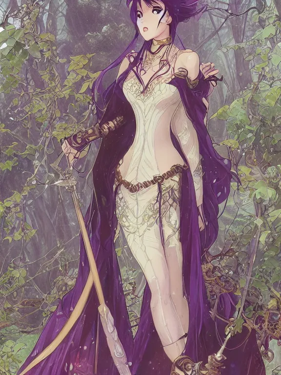 Image similar to anime key visual of amora the enchantress wearing a medieval gown!! intricate, magical forest, stunning, highly detailed, digital painting, artstation, smooth, hard focus, illustration, art by artgerm and greg rutkowski and alphonse mucha