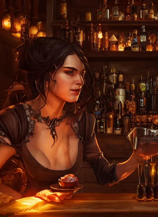 Image similar to barkeep tavern lady ultra detailed fantasy, elden ring, realistic, dnd character portrait, full body, dnd, rpg, lotr game design fanart by concept art, behance hd, artstation, deviantart, global illumination radiating a glowing aura global illumination ray tracing hdr render in unreal engine 5