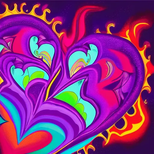 Image similar to a highly detailed digital painting of kitschy purple hearts in flames, inspired by lisa frank, dali, matisse, klee, bosch, david hockney, trending on artstation, 4 k