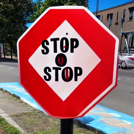 Prompt: stop sign covered in various stickers and spray paint art at a busy street corner