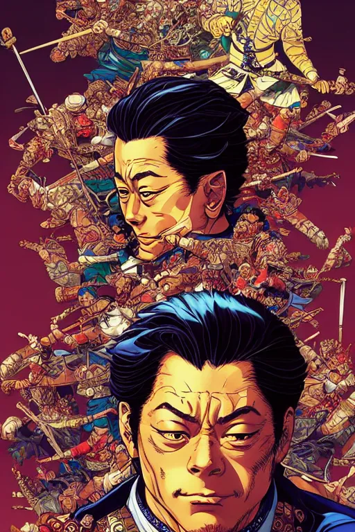 Image similar to poster of jordan belfort as a samurai, by yoichi hatakenaka, masamune shirow, josan gonzales and dan mumford, ayami kojima, takato yamamoto, barclay shaw, karol bak, yukito kishiro