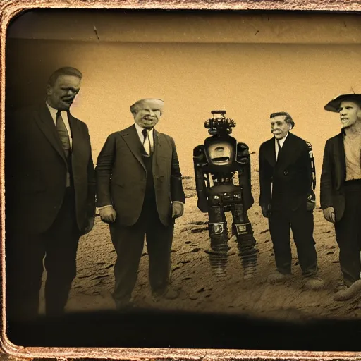 Image similar to tintype photograph, lovecraftian aliens talking with the president of the united states, desert location, highly detailed, 8 k, trending on artstation