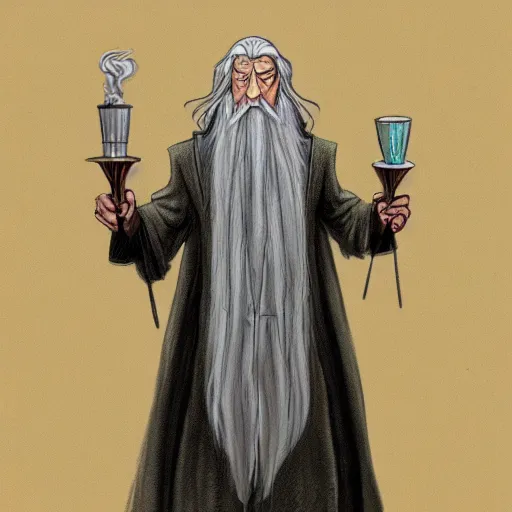 Prompt: Gandalf draws stares and glares at the busy Starbucks, concept art