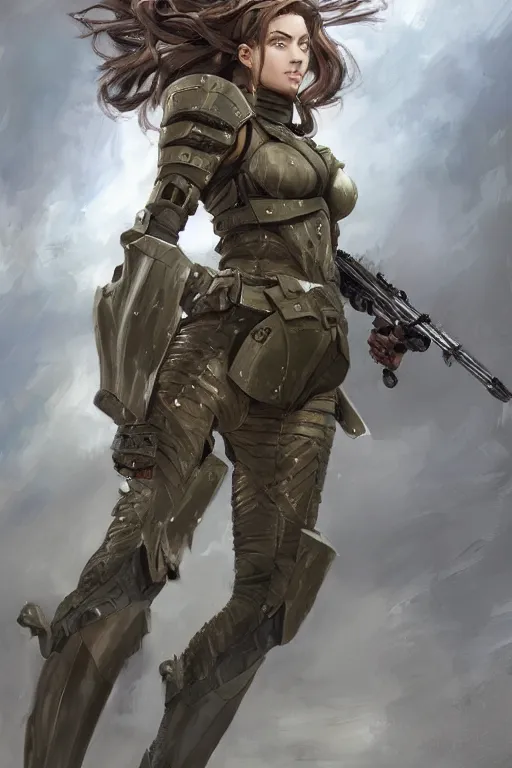 Image similar to a professionally painted full body portrait of an attractive young female clothed in military-style battle armor, olive skin, long dark hair, beautiful bone structure, symmetrical facial features, intricate, elegant, digital painting, concept art, smooth, sharp focus, illustration, finely detailed, from Metal Gear by Ruan Jia and Mandy Jurgens and Artgerm and William-Adolphe Bouguerea