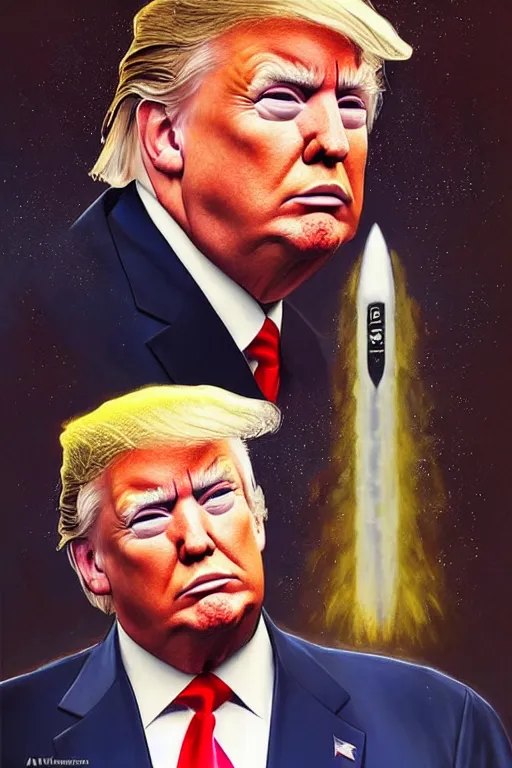 Image similar to photorealistic portrait photograph of donald trump!! with a nuclear missile, handsome, depth of field, soft focus, highly detailed, intricate, realistic, national geographic cover, soft glow, textured, artstation, concept art, sharp focus, illustration, art by artgerm and greg rutkowski and alphonse mucha