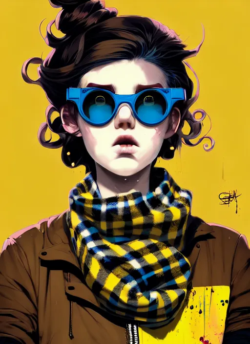 Prompt: highly detailed portrait of a sewer ( ( emo punk ) ) lady student, sunglasses, blue eyes, tartan scarf, curly hair by atey ghailan, by greg rutkowski, by greg tocchini, by james gilleard, by joe fenton, by kaethe butcher, gradient yellow, black, brown and pink color scheme, grunge aesthetic!!! graffiti tag wall background