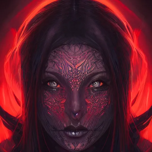 Image similar to Portrait of a dark witch, dark filaments, red glowing eyes, menacing, intimidating, frightening, intricate, headshot, highly detailed, digital painting, artstation, concept art, sharp focus, cinematic lighting, illustration, art by artgerm and greg rutkowski, alphonse mucha, cgsociety