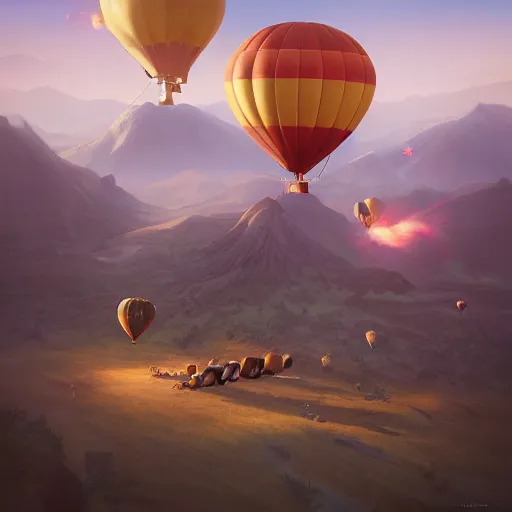 Prompt: two hot air balloons armed with cannons having an air battle, art by artgerm and greg rutkowski and alphonse mucha, concept art, octane render, unreal engine 5, highly detailed, high quality, 8 k, soft lighting, realistic face, path traced