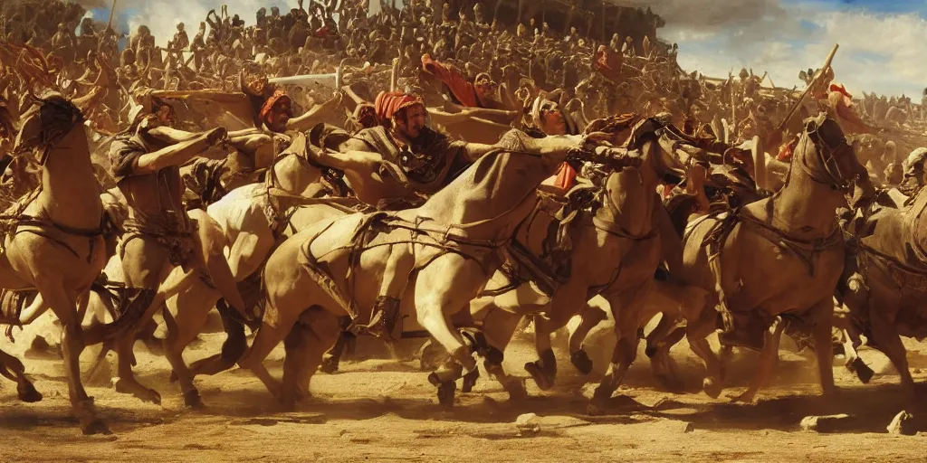 Prompt: a film still from the chariot race in'ben hur'in the style of jean - paul laurens, alexander cabanel, hippolyte flandrin, oil on canvas, 4 k resolution