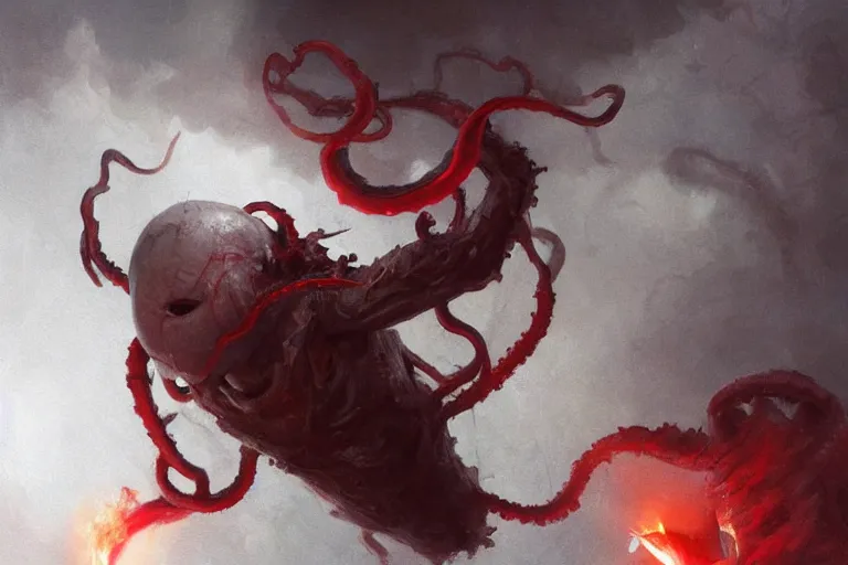 Image similar to painting by greg rutkowski of a flying human head and face that is chalk white in color, with tentacles coming of the neck, red eyes, flying in a terrying hell like cavernous place