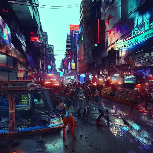 Image similar to crowded streets of manila turned cyberpunk filled with poverty, beggars and crime, deppresing image, unreal engine, artstation hd